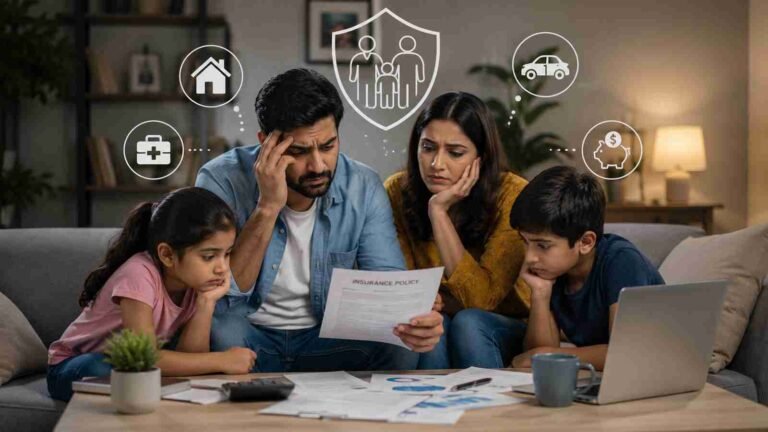 A family reviewing insurance documents at home while learning how insurance works and managing financial protection.