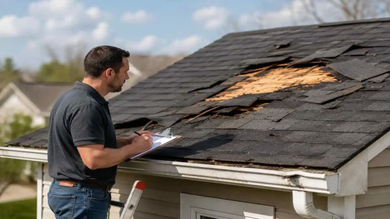 Insurance adjuster inspecting roof damage during a first-party insurance claim.