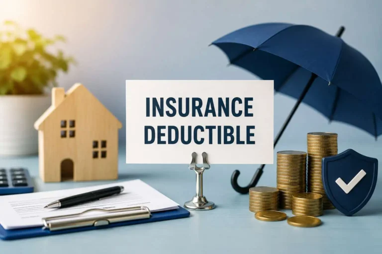 Health insurance deductible concept with medical and financial protection symbols.
