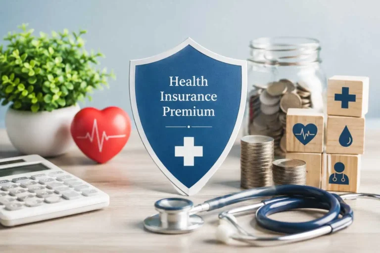 Health insurance premium concept with healthcare and financial planning elements.