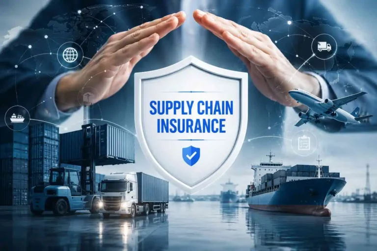 Supply chain insurance protecting global logistics, cargo shipping, freight transportation and business operations against supply chain disruptions.