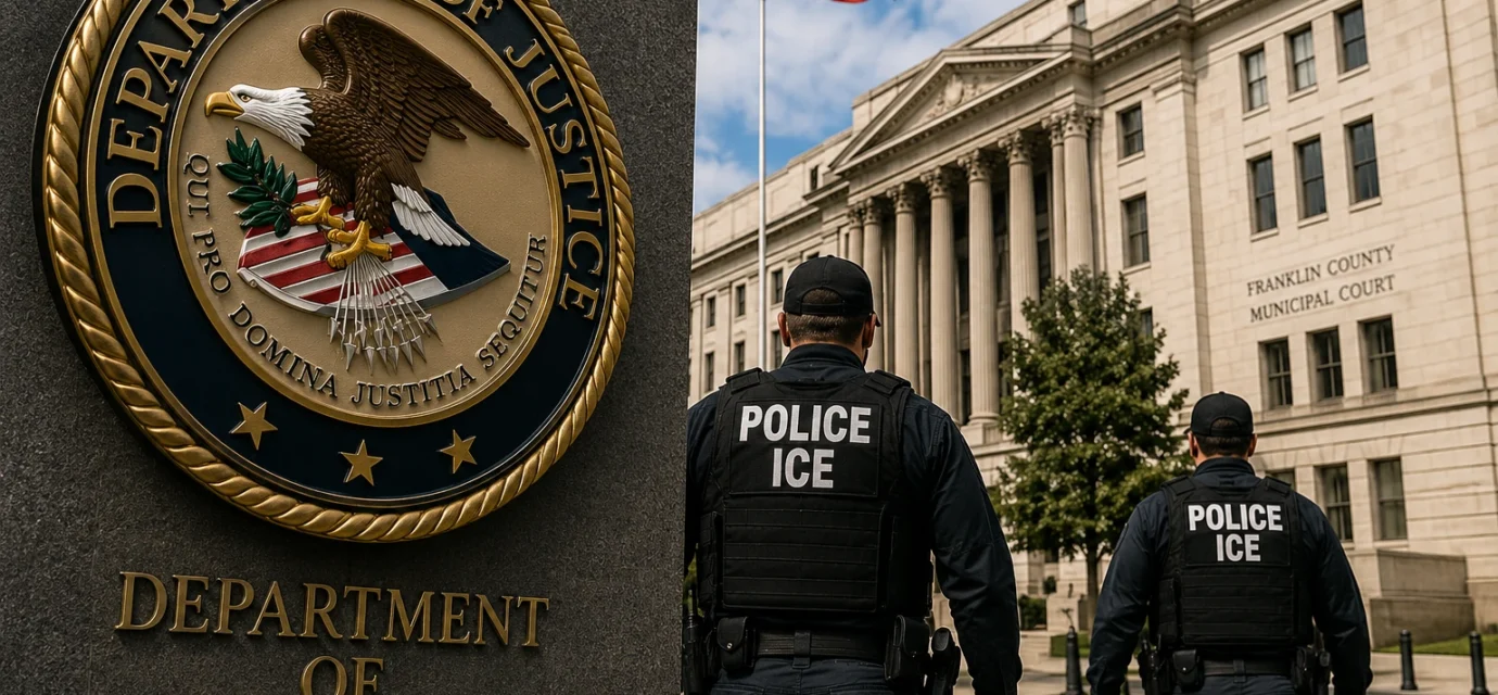 Justice Department and Ohio courthouse depicted in a dispute over federal immigration arrests.