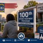 North Carolina opioid treatment program expansion showing addiction treatment access, a clinic, counseling and naloxone overdose reversal medication.
