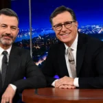 Stephen Colbert and Jimmy Kimmel during a late-night television appearance