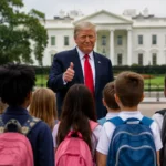 Donald Trump with students in front of the White House during the back-to-school season