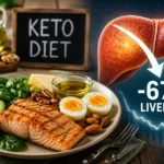 Healthy ketogenic foods and liver illustration representing new research on keto diet and liver fat