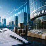 Modern insurance company headquarters with financial growth chart, dollar symbols, and business skyline representing how insurance companies make money.