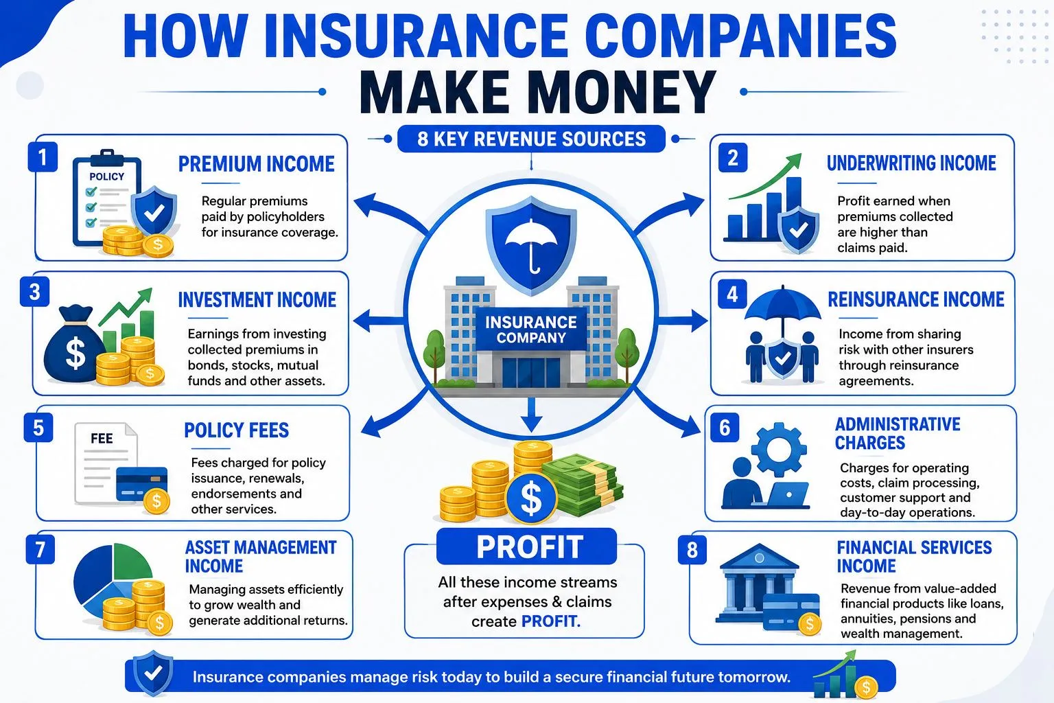 Infographic explaining how insurance companies make money through premiums, underwriting income, investment income, reinsurance, policy fees, asset management, financial services, and administrative charges.