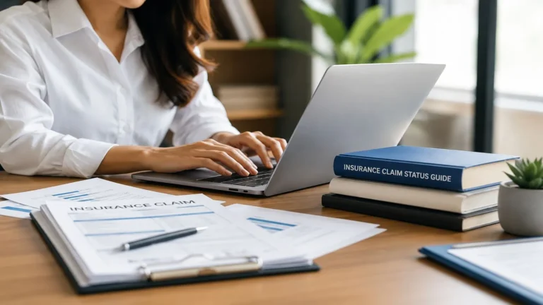 Person checking insurance claim status online on a laptop