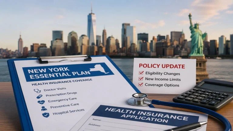 Illustration showing New York Essential Plan health insurance policy changes, updated eligibility rules, and coverage options for New York residents.
