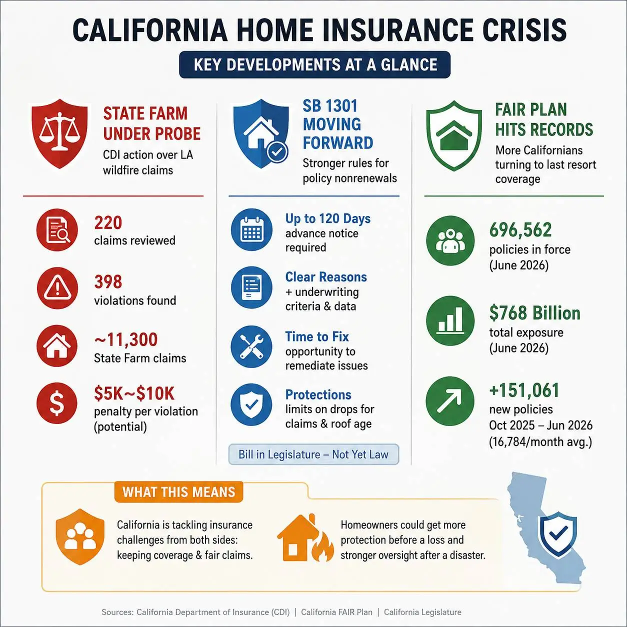 California Home Insurance Crisis Deepens as State Farm Faces Claim Probe and SB 1301 Advances 52 California home insurance crisis 2026 infographic showing SB 1301 reforms, State Farm wildfire claim violations, and California FAIR Plan exposure
