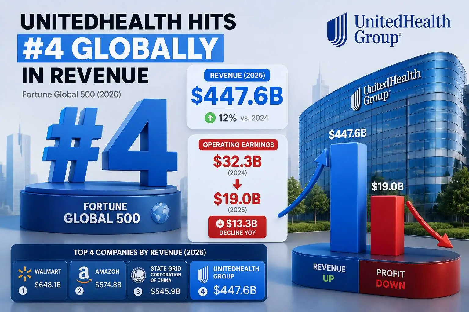 Infographic showing UnitedHealth Group ranking fourth globally by revenue in the Fortune Global 500 2026, with $447.6 billion revenue and key financial highlights.