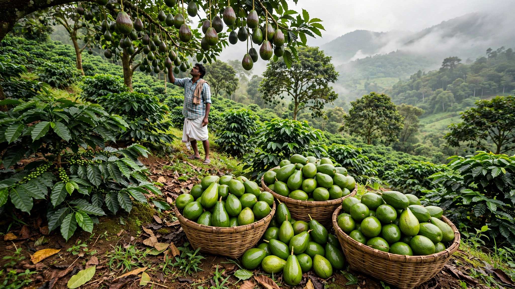 vocado trees growing alongside coffee plants on an Indian farm